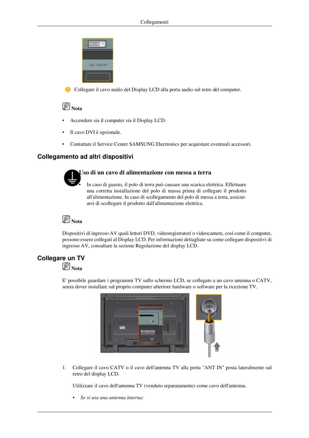 Samsung LH46MGPLGD/EN, LH40MGPLGD/EN Collegamento ad altri dispositivi, Collegare un TV, Se si usa una antenna interna 