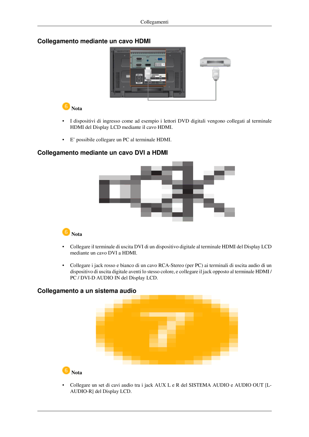 Samsung LH46MGTLGD/EN, LH46MGPLGD/EN manual Collegamento mediante un cavo Hdmi, Collegamento mediante un cavo DVI a Hdmi 