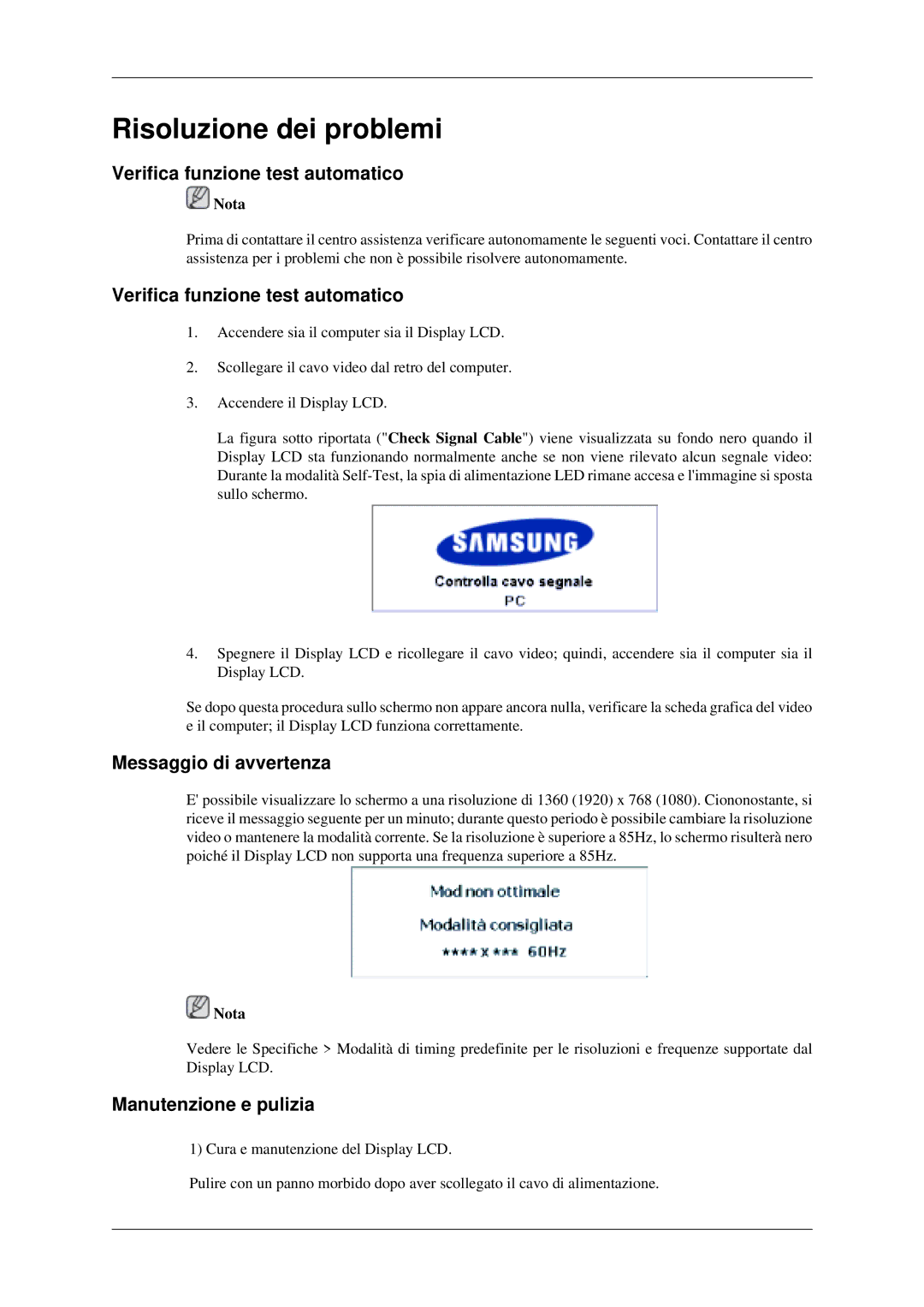 Samsung LH40MGPLGD/EN, LH46MGPLGD/EN Verifica funzione test automatico, Messaggio di avvertenza, Manutenzione e pulizia 