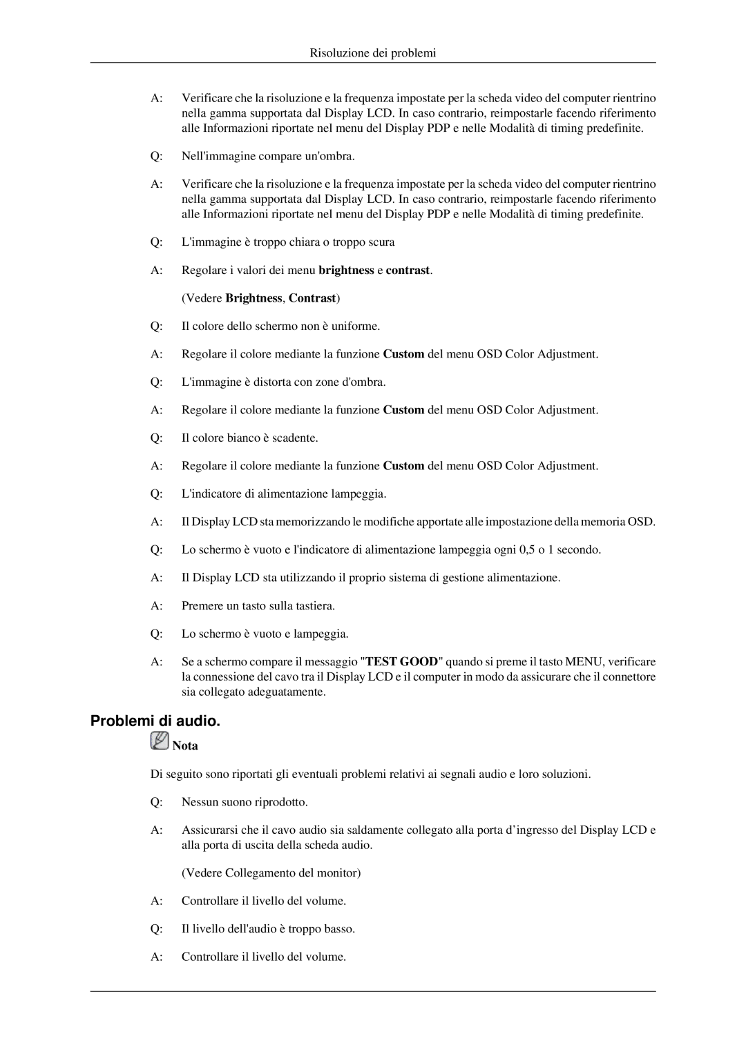 Samsung LH46MGPLGD/EN, LH40MGPLGD/EN, LH40MGTLGD/EN, LH46MGTLGD/EN manual Problemi di audio 