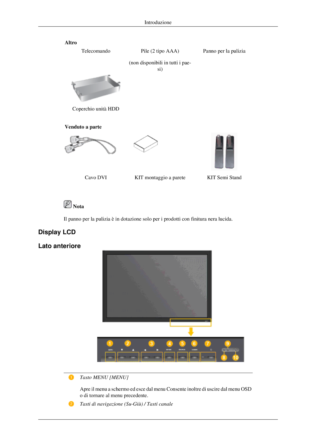 Samsung LH46MGTLGD/EN manual Display LCD Lato anteriore, Tasto Menu Menu, Tasti di navigazione Su-Giù / Tasti canale 