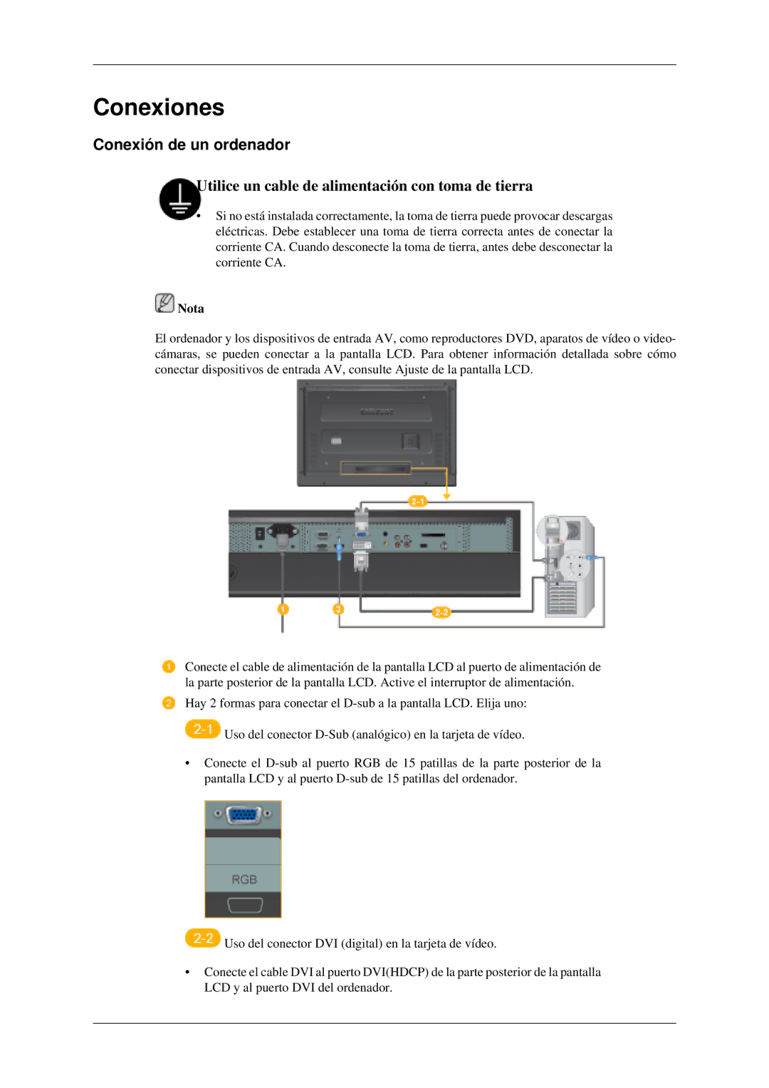 Samsung LH46MGTLGD/EN, LH46MGPLGD/EN, LH40MGPLGD/EN, LH40MGTLGD/EN manual Conexiones, Conexión de un ordenador 