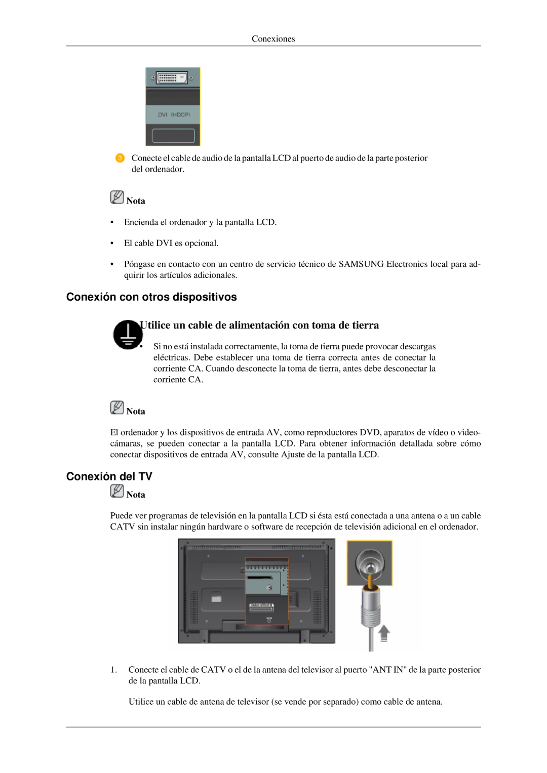 Samsung LH46MGPLGD/EN, LH40MGPLGD/EN, LH40MGTLGD/EN, LH46MGTLGD/EN manual Conexión con otros dispositivos, Conexión del TV 