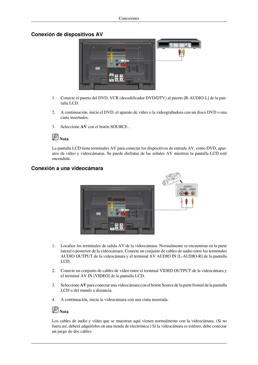 Samsung LH40MGTLGD/EN, LH46MGPLGD/EN, LH40MGPLGD/EN, LH46MGTLGD/EN Conexión de dispositivos AV, Conexión a una videocámara 