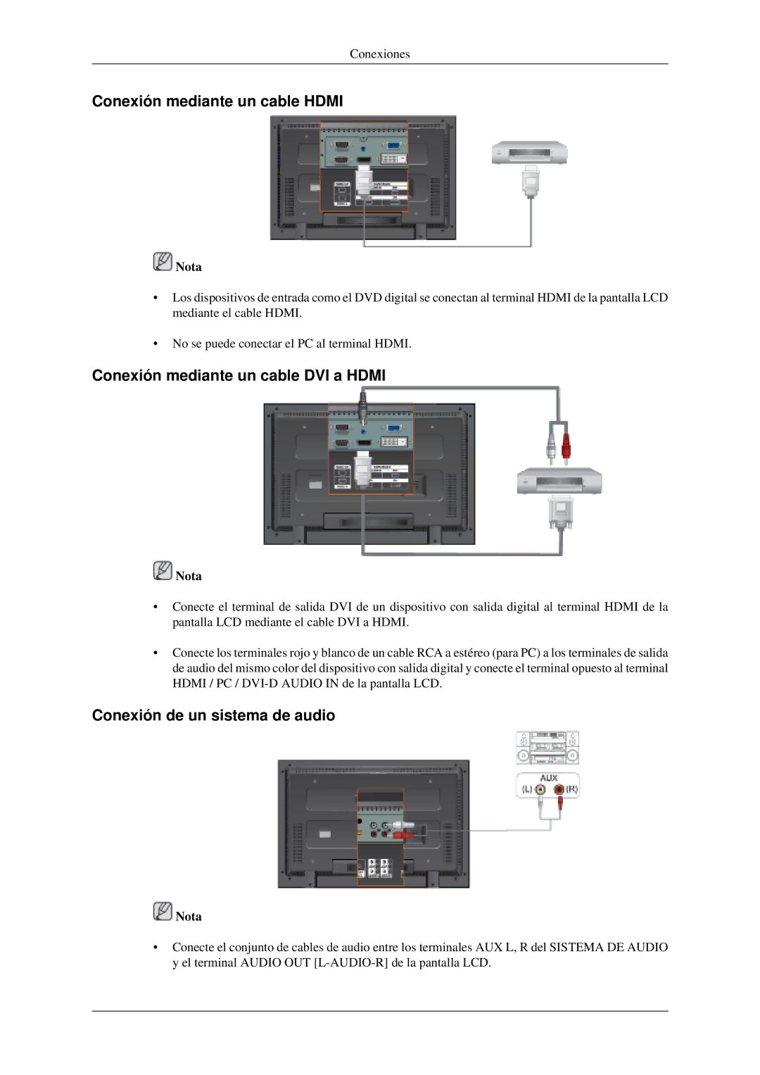 Samsung LH46MGTLGD/EN, LH46MGPLGD/EN, LH40MGPLGD/EN Conexión mediante un cable Hdmi, Conexión mediante un cable DVI a Hdmi 