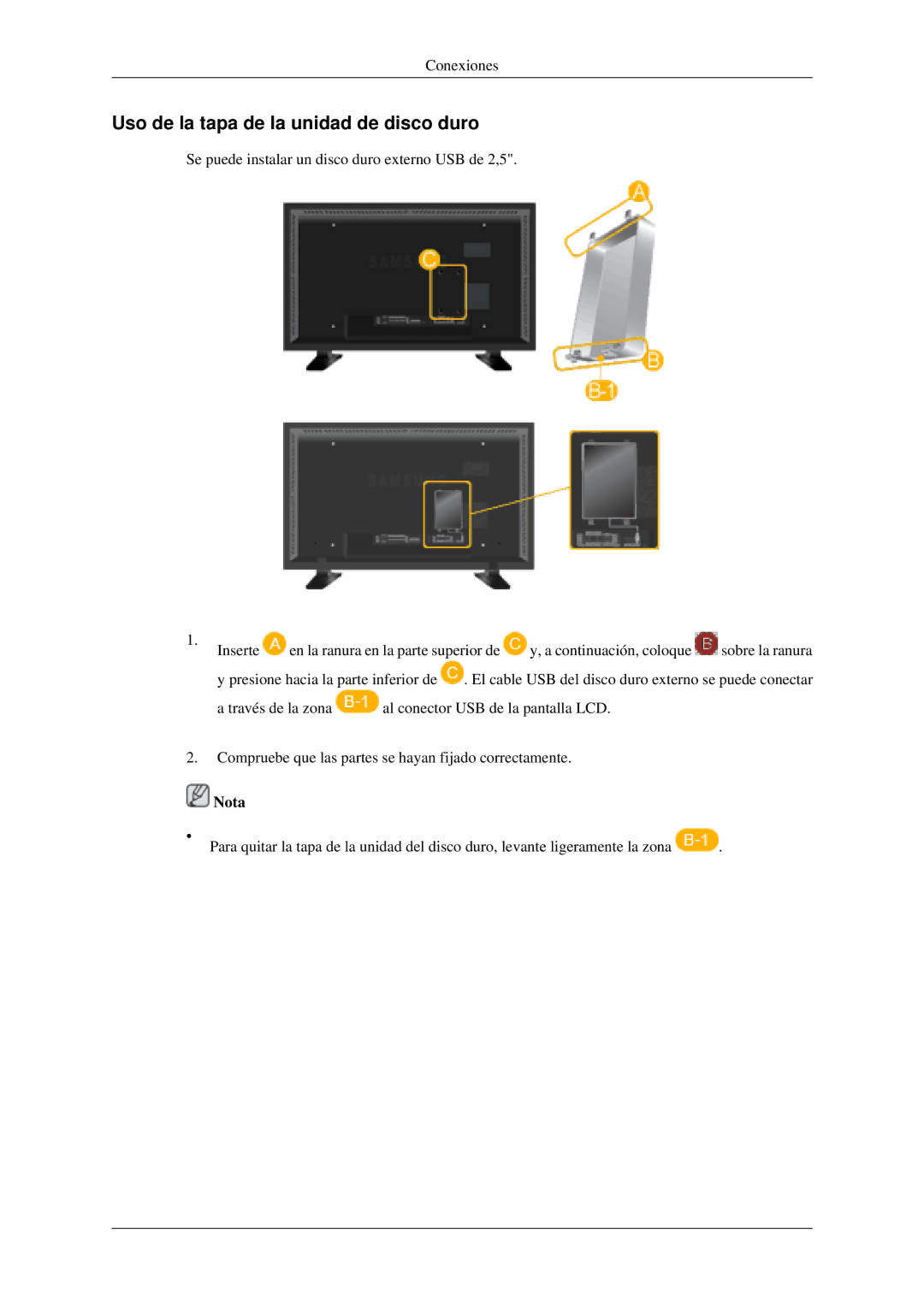 Samsung LH46MGPLGD/EN, LH40MGPLGD/EN, LH40MGTLGD/EN, LH46MGTLGD/EN manual Uso de la tapa de la unidad de disco duro 