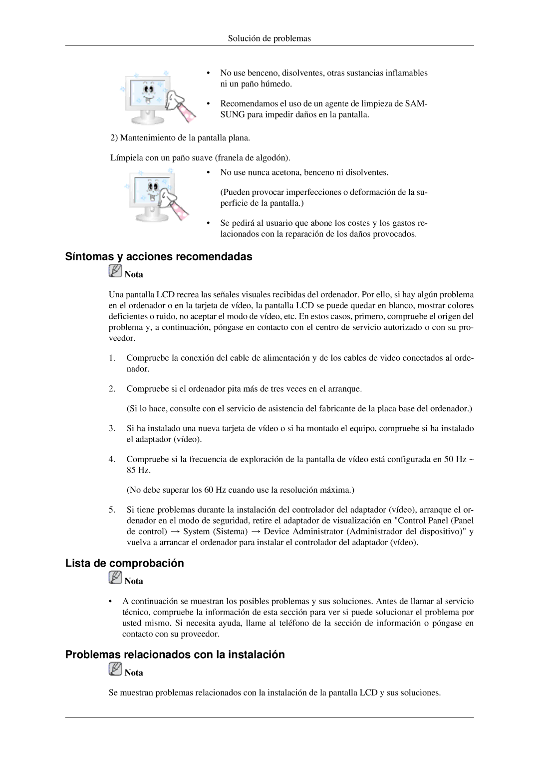 Samsung LH40MGTLGD/EN Síntomas y acciones recomendadas, Lista de comprobación, Problemas relacionados con la instalación 