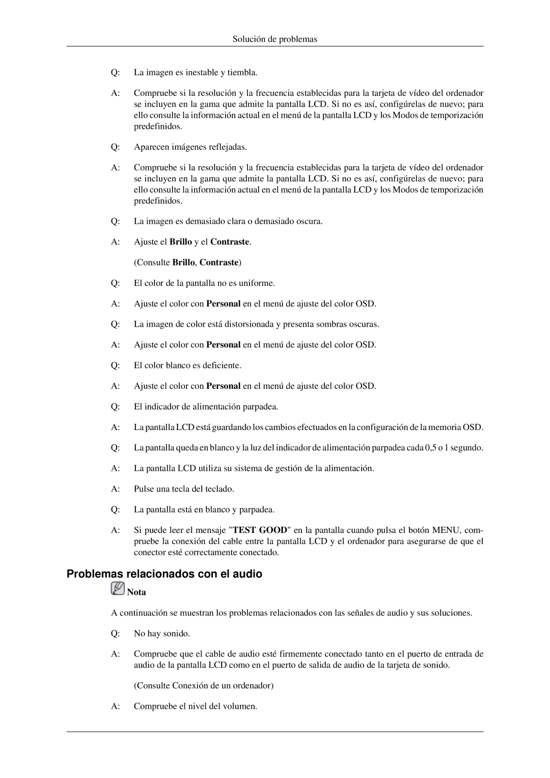 Samsung LH46MGPLGD/EN, LH40MGPLGD/EN, LH40MGTLGD/EN, LH46MGTLGD/EN manual Problemas relacionados con el audio 