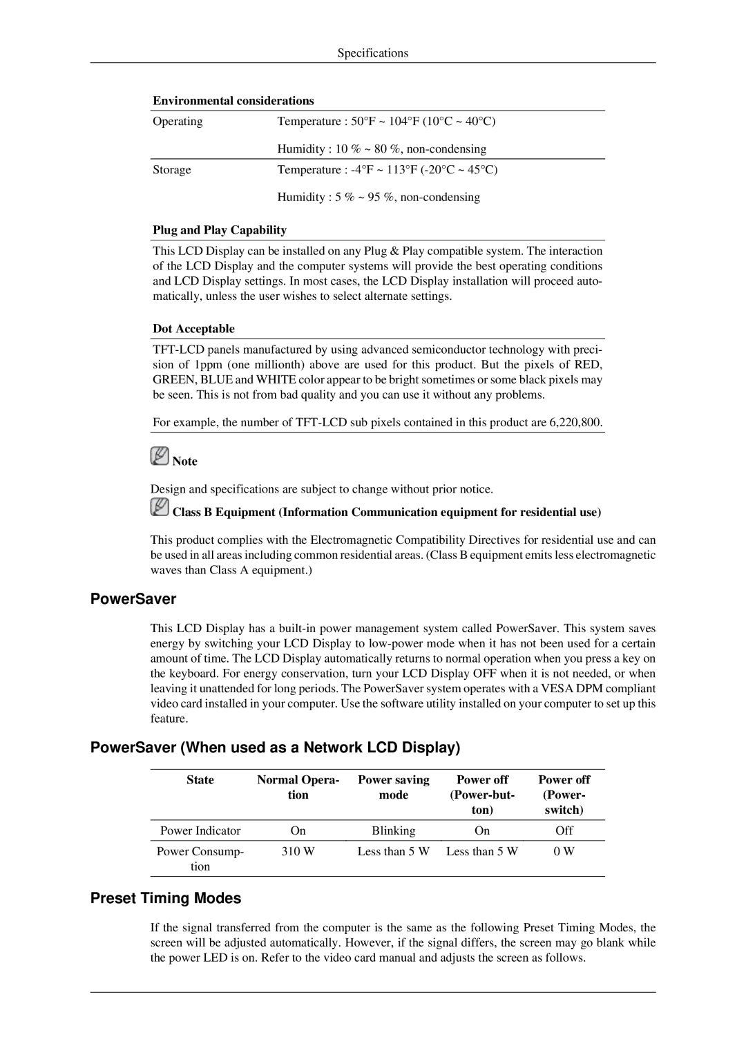 Samsung LH40MGPLGD/EN, LH46MGPLGD/EN manual PowerSaver When used as a Network LCD Display, Environmental considerations 