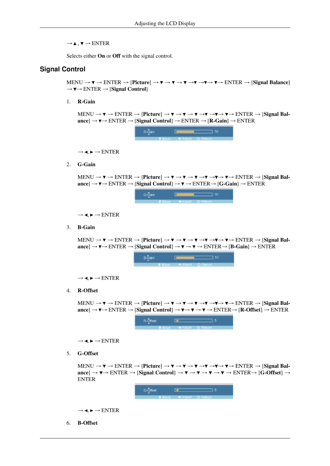 Samsung LH40MGPLGD/EN, LH46MGPLGD/EN manual → → Enter → Signal Control Gain, Offset 