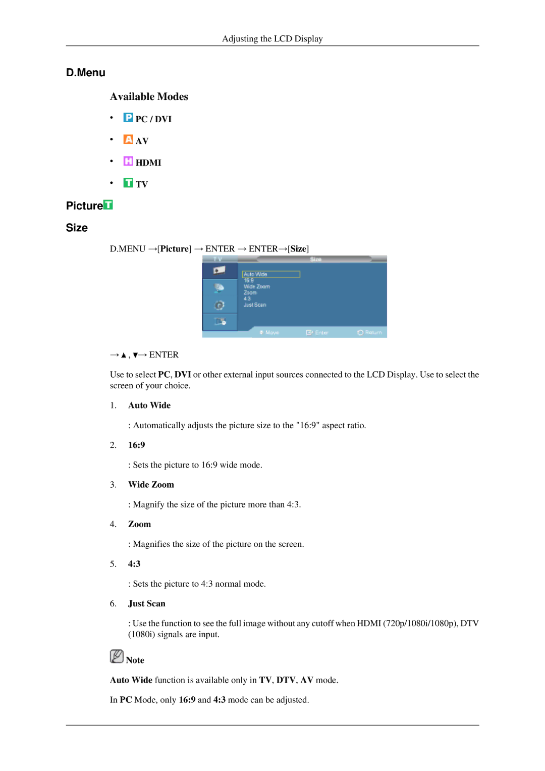 Samsung LH40MGPLGD/EN, LH46MGPLGD/EN manual Menu, Picture Size, Auto Wide, Wide Zoom 