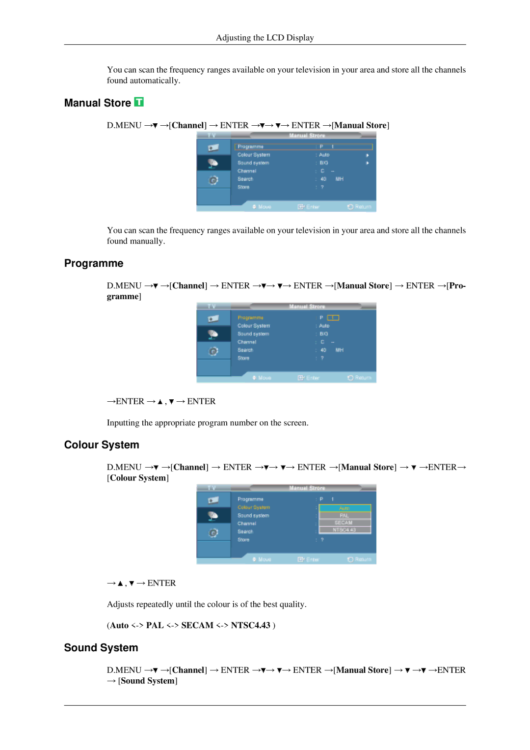 Samsung LH40MGPLGD/EN, LH46MGPLGD/EN manual Manual Store, Programme, Colour System, → Sound System 