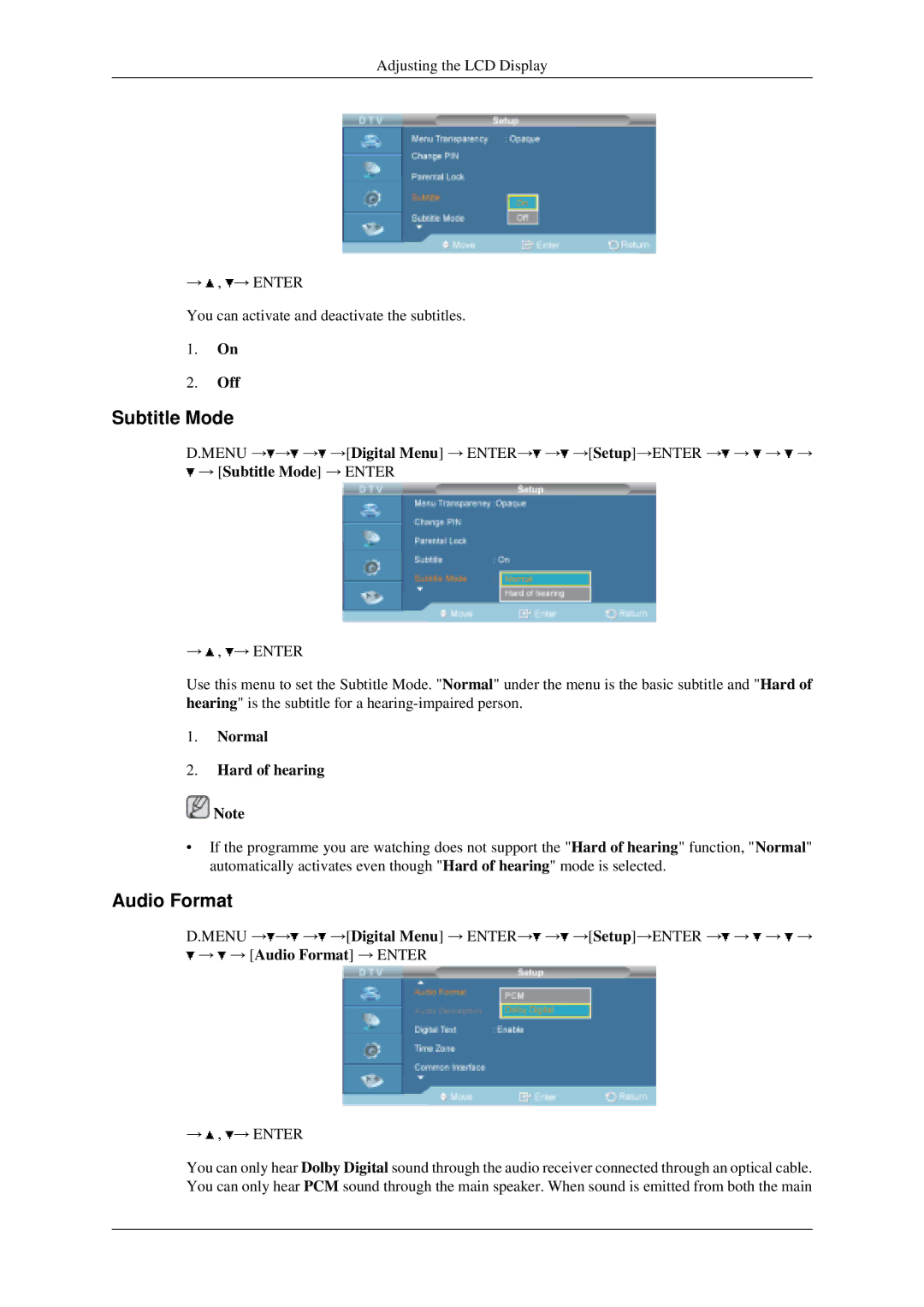 Samsung LH40MGPLGD/EN, LH46MGPLGD/EN manual Subtitle Mode, Audio Format, Normal Hard of hearing 