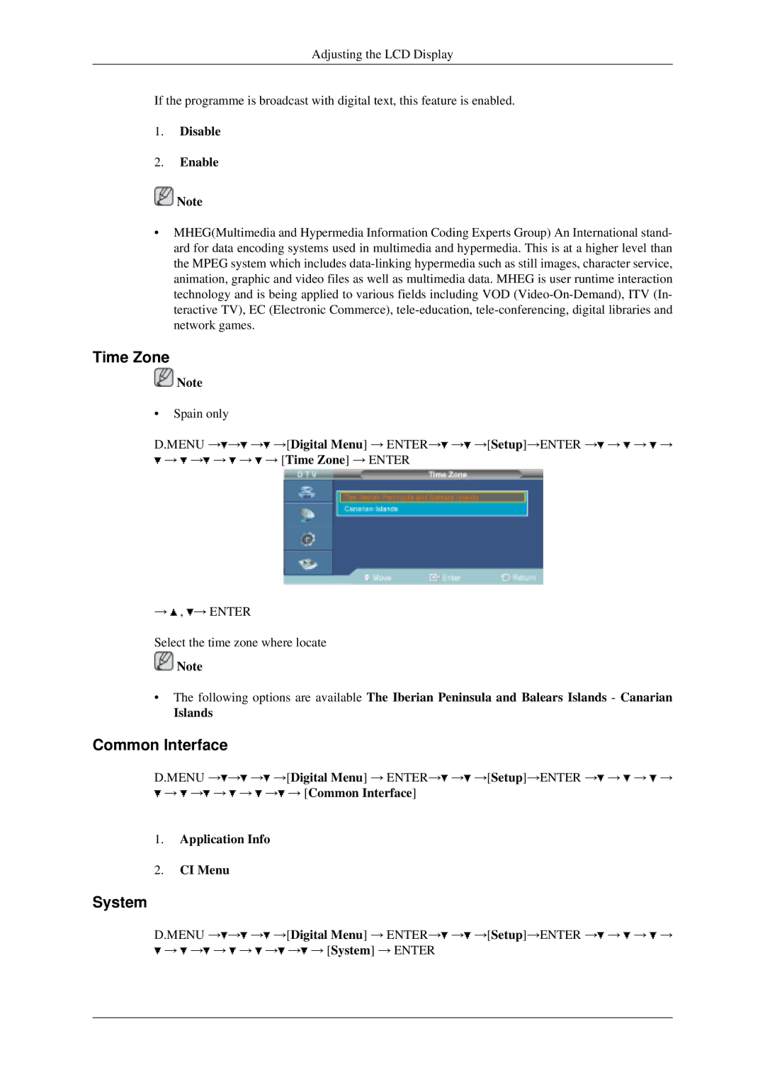 Samsung LH40MGPLGD/EN, LH46MGPLGD/EN manual Time Zone, Common Interface, System, Disable Enable, Application Info CI Menu 