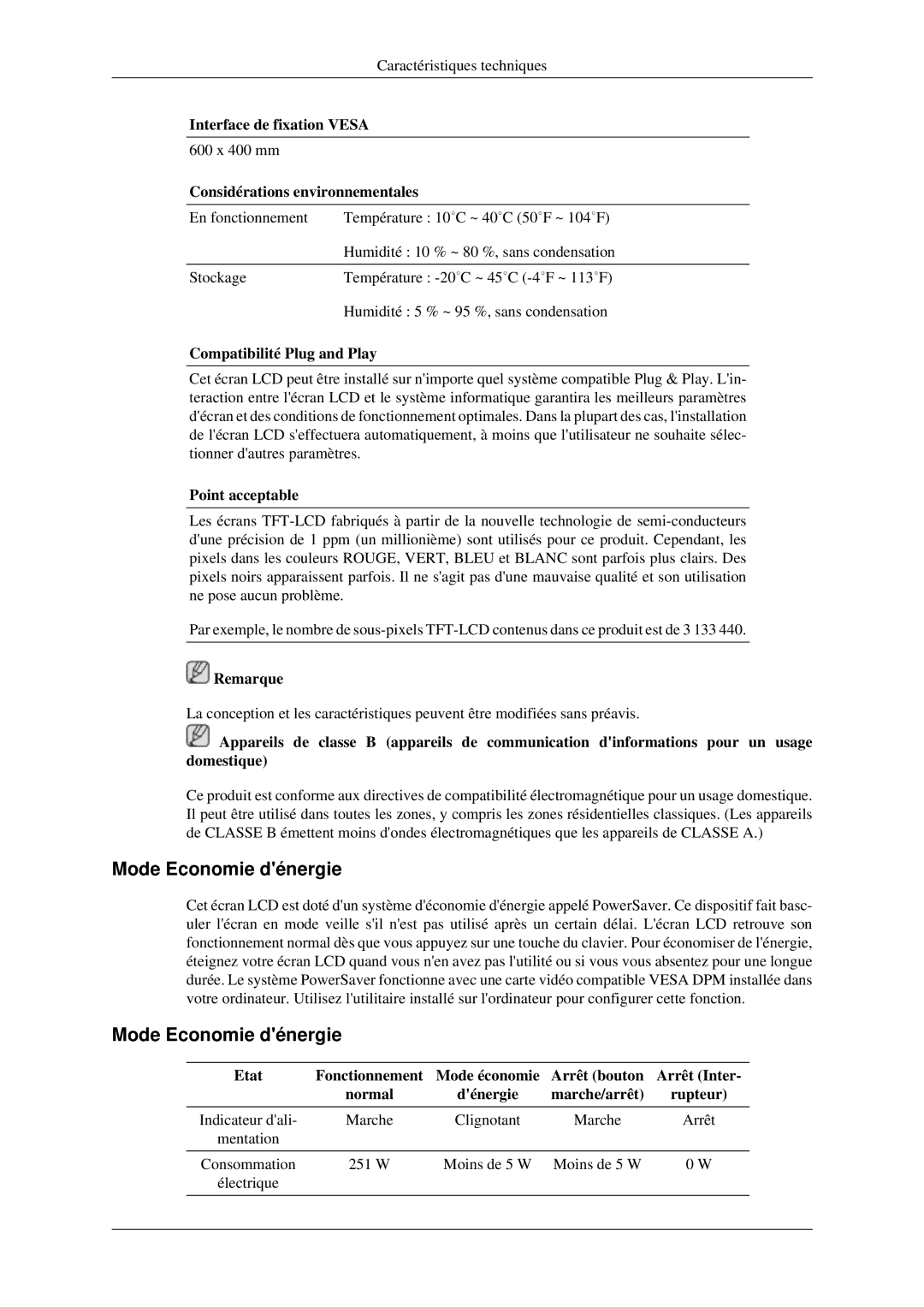 Samsung LH46MGPLGD/EN, LH40MGPLGD/EN Mode Economie dénergie, Interface de fixation Vesa, Considérations environnementales 