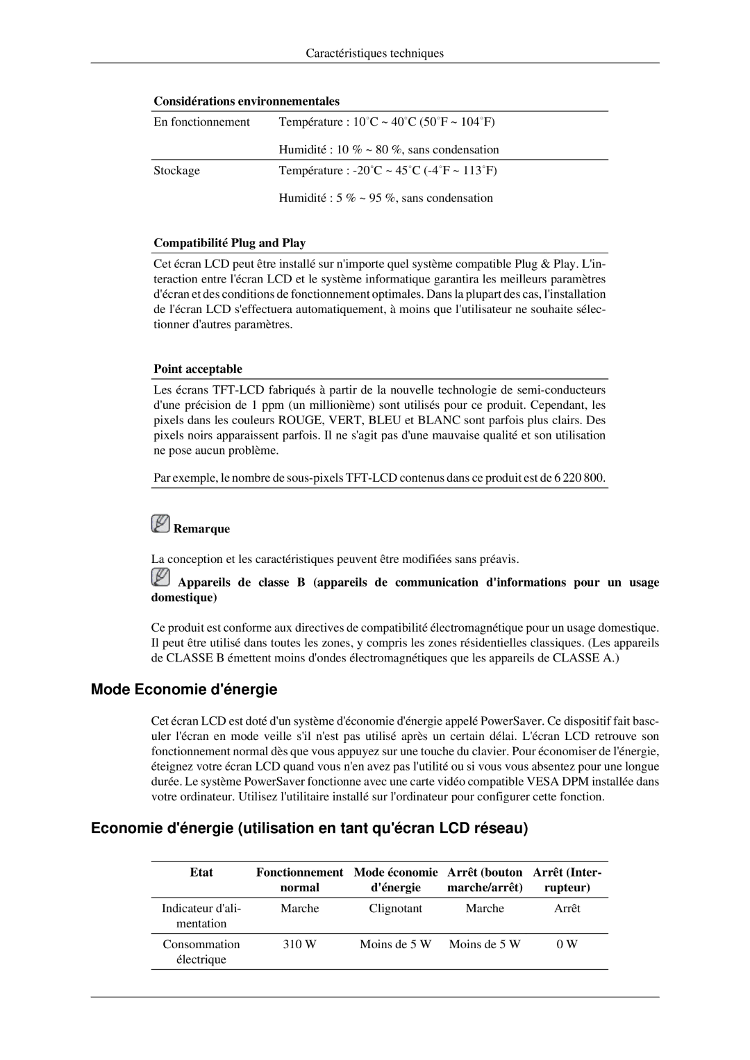 Samsung LH40MGPLGD/EN manual Economie dénergie utilisation en tant quécran LCD réseau, Considérations environnementales 