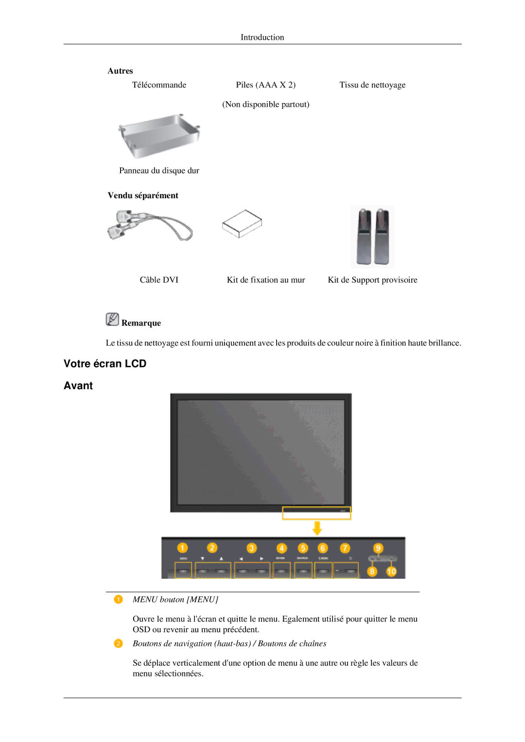 Samsung LH40MGPLGD/EN, LH46MGPLGD/EN manual Votre écran LCD Avant, Vendu séparément 