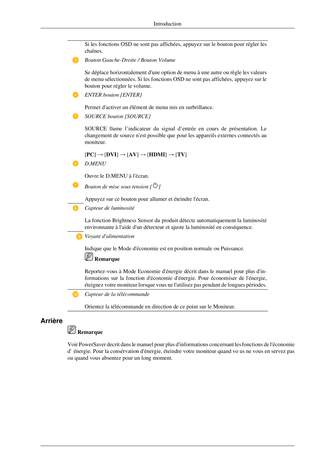 Samsung LH46MGPLGD/EN, LH40MGPLGD/EN manual Arrière, Bouton Gauche-Droite / Bouton Volume 