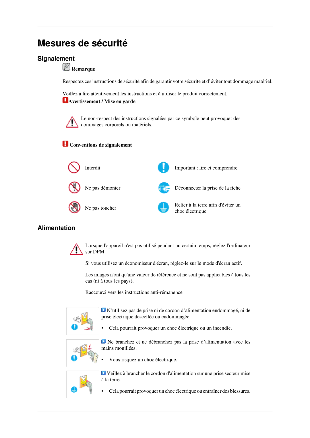 Samsung LH46MGPLGD/EN manual Signalement, Alimentation, Remarque, Avertissement / Mise en garde, Conventions de signalement 