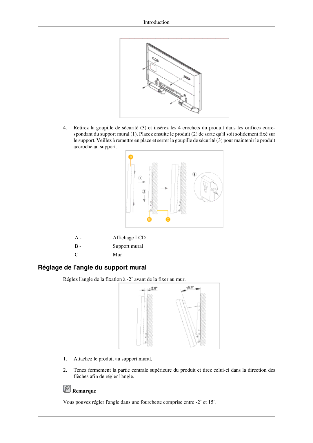 Samsung LH46MGPLGD/EN, LH40MGPLGD/EN manual Réglage de langle du support mural, Remarque 