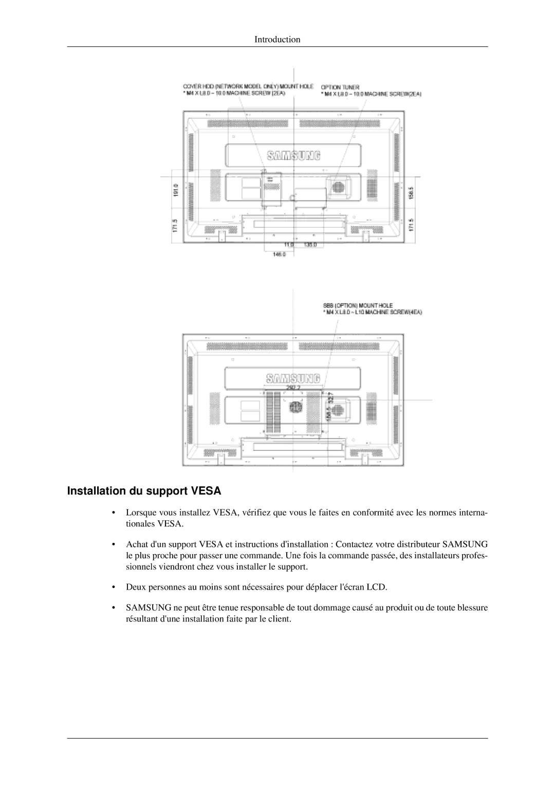 Samsung LH46MGPLGD/EN, LH40MGPLGD/EN manual Installation du support Vesa 