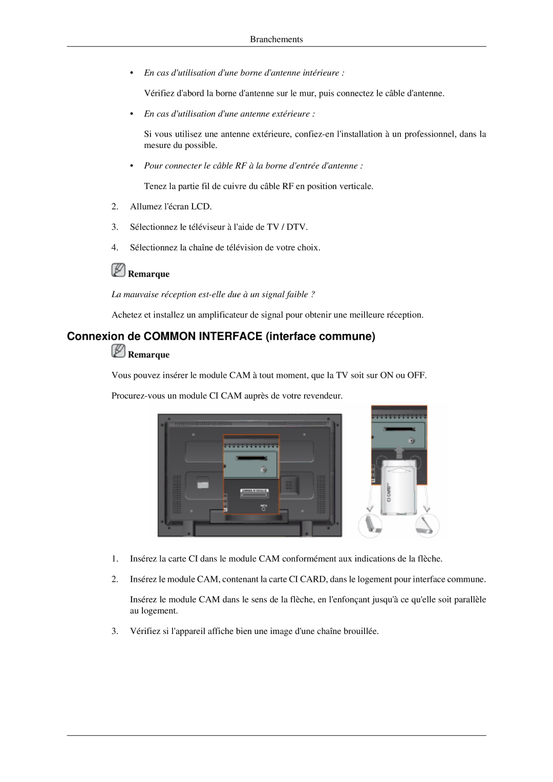 Samsung LH46MGPLGD/EN manual Connexion de Common Interface interface commune, En cas dutilisation dune antenne extérieure 