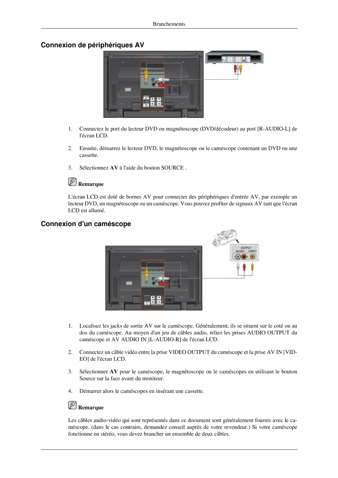 Samsung LH40MGPLGD/EN, LH46MGPLGD/EN manual Connexion de périphériques AV, Connexion dun caméscope 