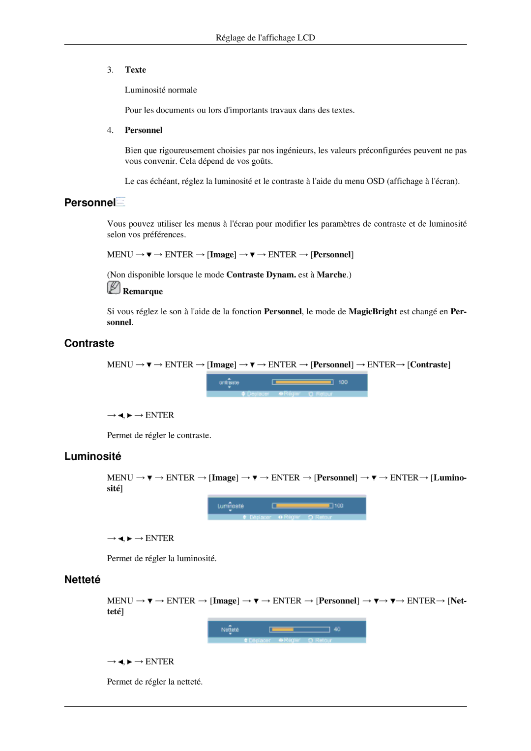 Samsung LH40MGPLGD/EN, LH46MGPLGD/EN manual Personnel, Contraste, Luminosité, Netteté 