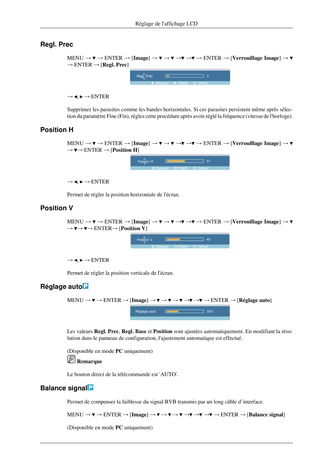 Samsung LH46MGPLGD/EN, LH40MGPLGD/EN manual Regl. Prec, Position H, Réglage auto, Balance signal 