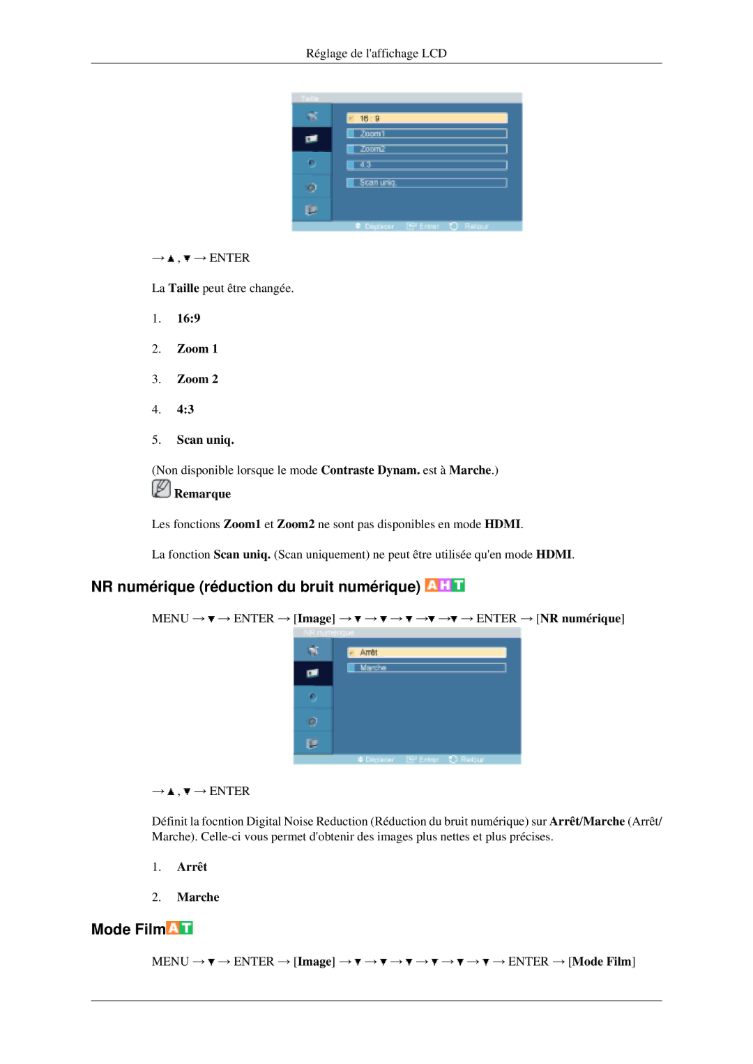 Samsung LH46MGPLGD/EN, LH40MGPLGD/EN manual NR numérique réduction du bruit numérique, Mode Film, Zoom Scan uniq 