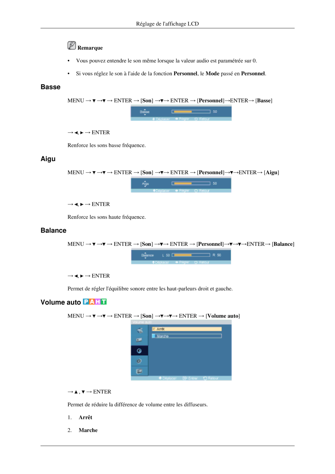 Samsung LH40MGPLGD/EN, LH46MGPLGD/EN manual Basse, Aigu, Balance, Volume auto 