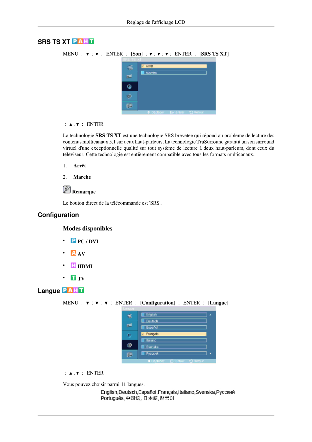 Samsung LH46MGPLGD/EN, LH40MGPLGD/EN manual Configuration, Langue, Arrêt Marche Remarque 