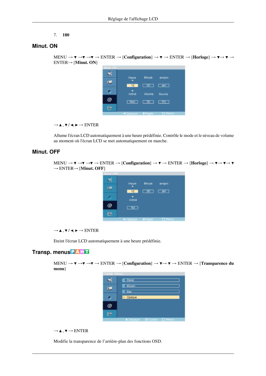 Samsung LH46MGPLGD/EN, LH40MGPLGD/EN manual Minut. on, Transp. menus, → ENTER→ Minut. OFF 