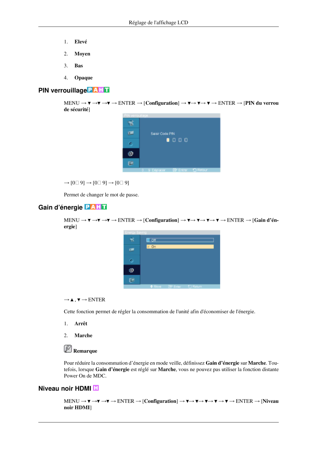 Samsung LH40MGPLGD/EN, LH46MGPLGD/EN manual PIN verrouillage, Gain d’énergie, Niveau noir Hdmi, Elevé Moyen Bas Opaque 