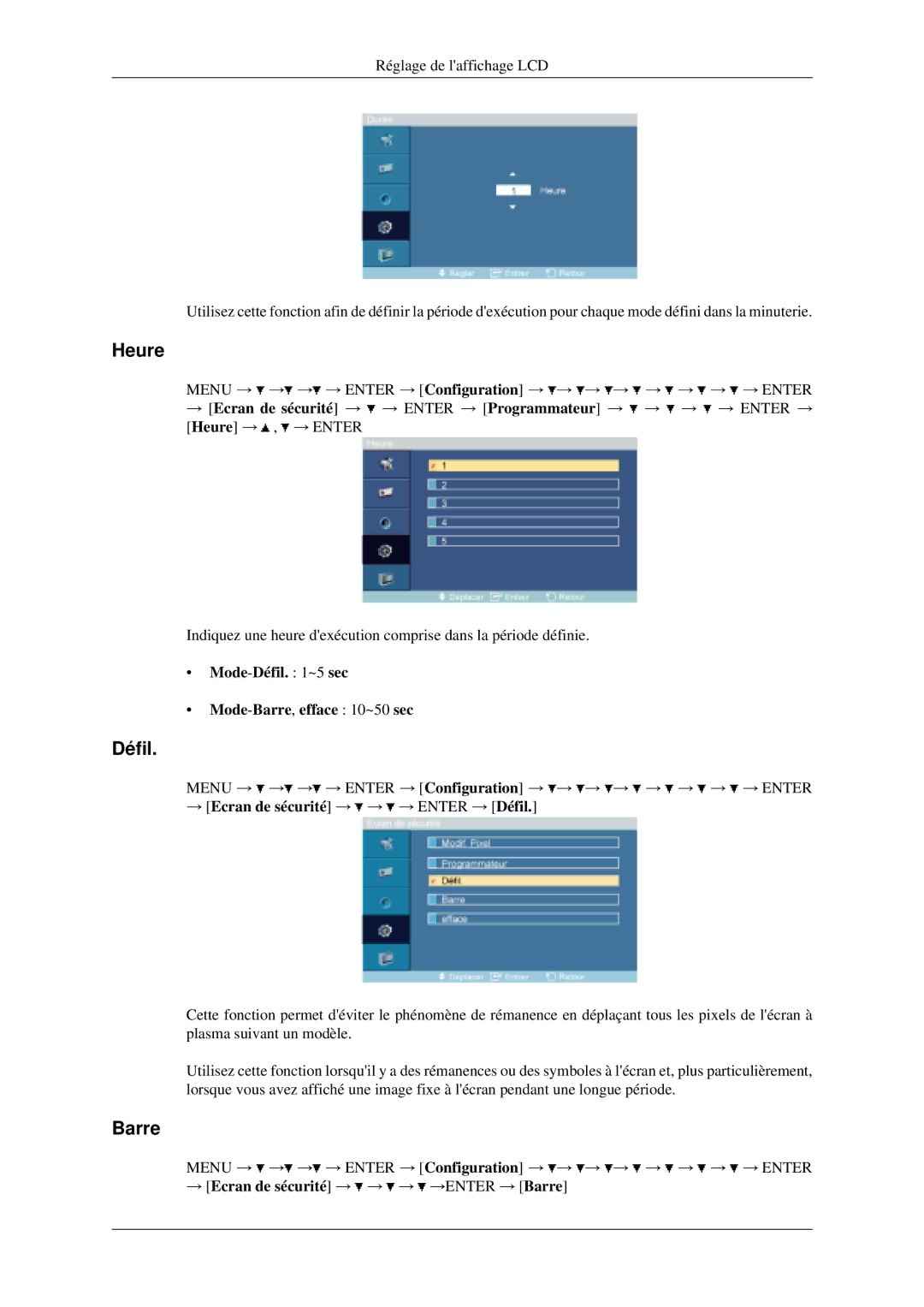 Samsung LH40MGPLGD/EN manual Mode-Défil ~5 sec Mode-Barre,efface 10~50 sec, → Ecran de sécurité → → → Enter → Défil 