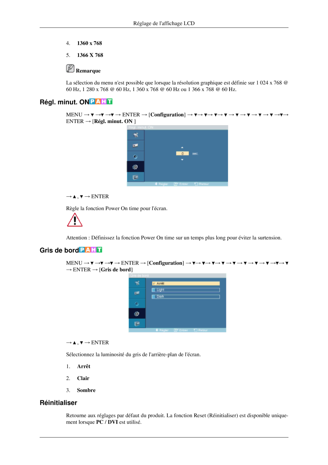 Samsung LH40MGPLGD/EN, LH46MGPLGD/EN manual Régl. minut. on, Gris de bord, Réinitialiser 