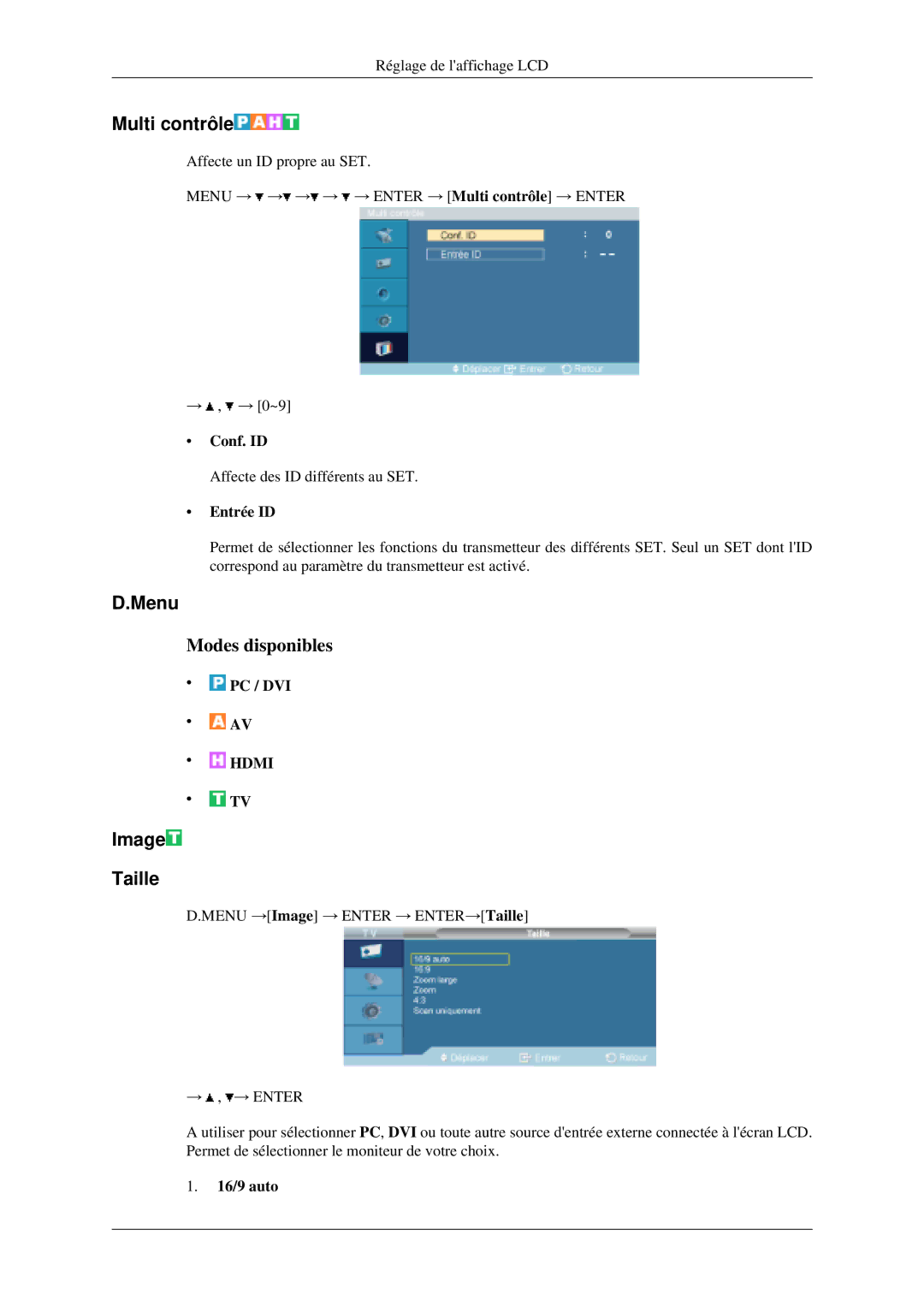 Samsung LH40MGPLGD/EN, LH46MGPLGD/EN manual Menu, Image Taille, Conf. ID, Entrée ID, 16/9 auto 