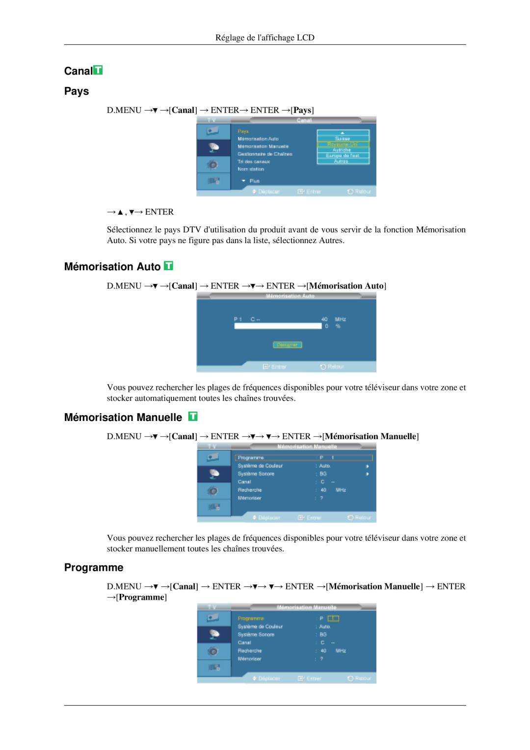 Samsung LH40MGPLGD/EN, LH46MGPLGD/EN manual Canal Pays, Mémorisation Auto, Mémorisation Manuelle, Programme 