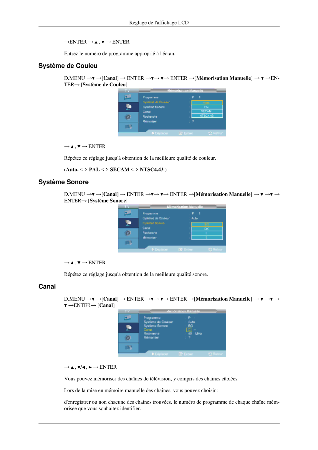 Samsung LH46MGPLGD/EN, LH40MGPLGD/EN manual Système de Couleu, Système Sonore, Canal 