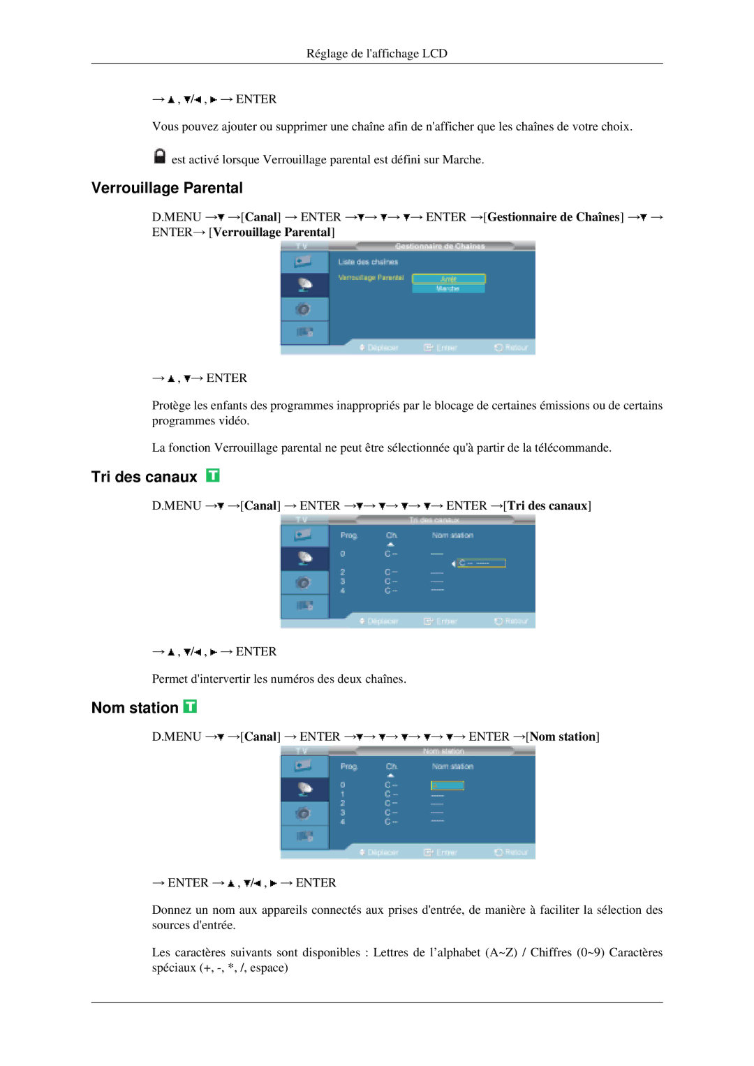 Samsung LH46MGPLGD/EN, LH40MGPLGD/EN manual Verrouillage Parental, Tri des canaux, Nom station 