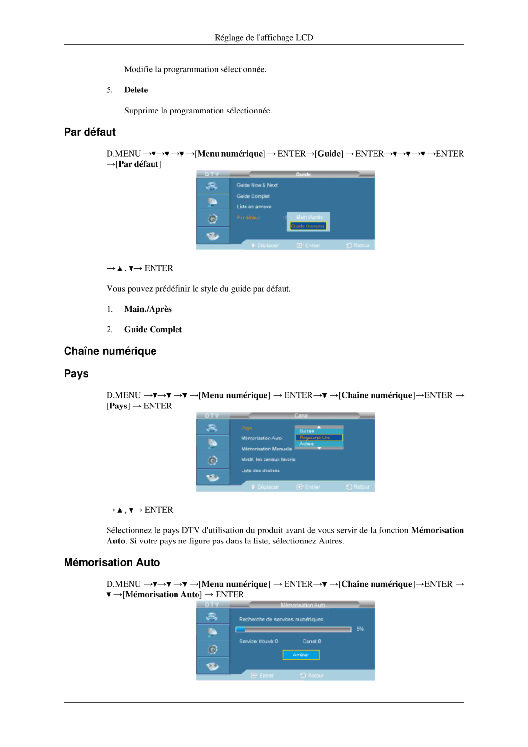 Samsung LH46MGPLGD/EN, LH40MGPLGD/EN manual Par défaut, Chaîne numérique Pays, Delete, Main./Après Guide Complet 