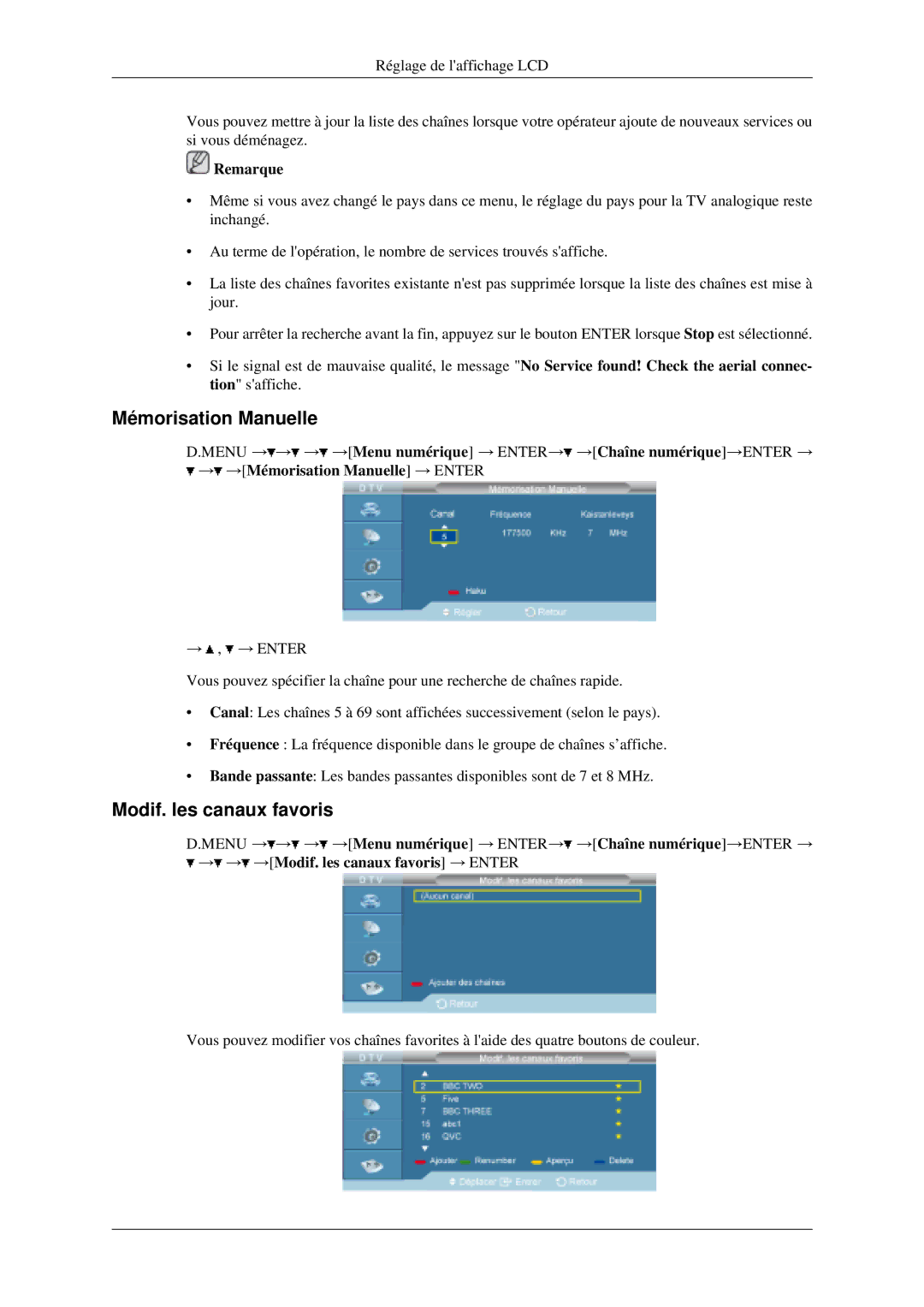 Samsung LH40MGPLGD/EN, LH46MGPLGD/EN manual Modif. les canaux favoris, Remarque 