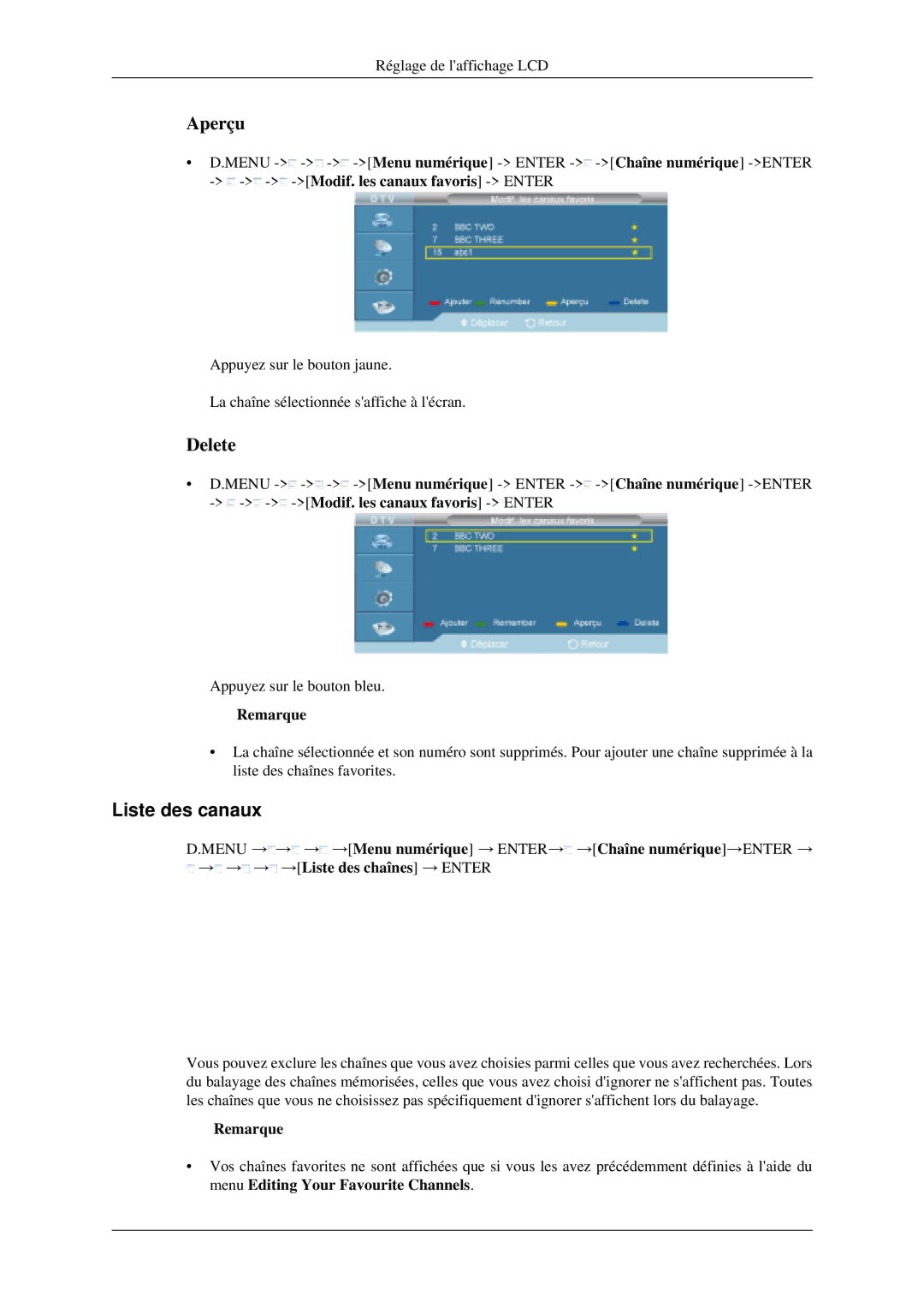 Samsung LH40MGPLGD/EN, LH46MGPLGD/EN manual Aperçu, Liste des canaux 