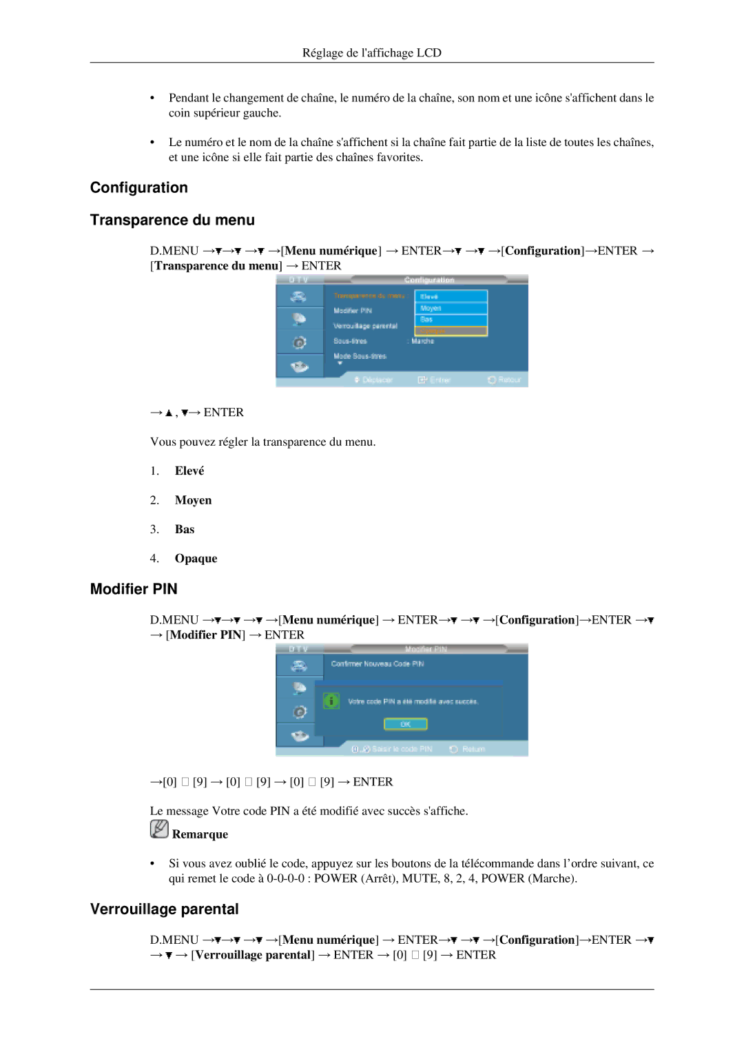 Samsung LH46MGPLGD/EN, LH40MGPLGD/EN manual Configuration Transparence du menu, Modifier PIN 