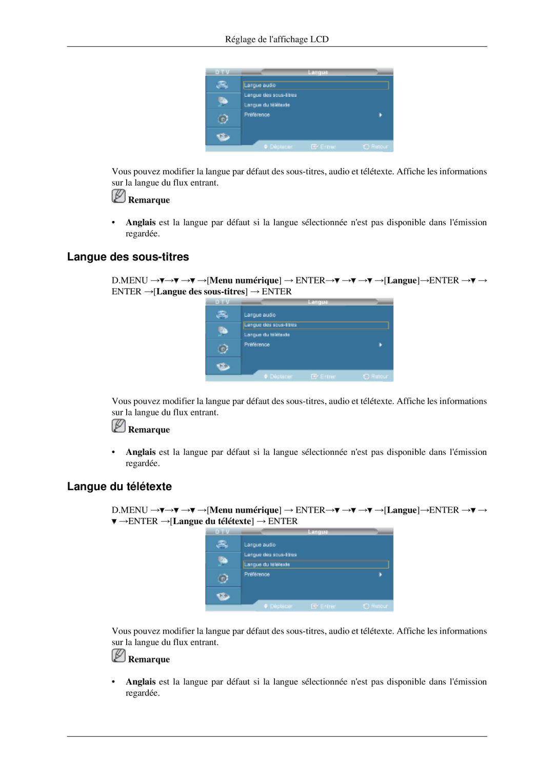 Samsung LH46MGPLGD/EN, LH40MGPLGD/EN manual Langue des sous-titres, Langue du télétexte 