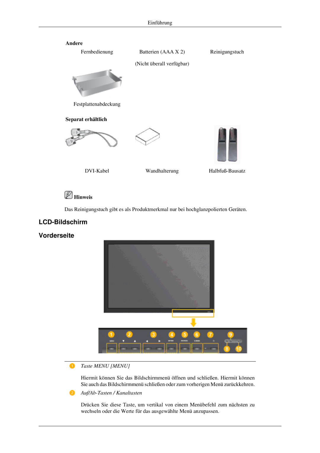 Samsung LH40MGPLGD/EN, LH46MGPLGD/EN manual LCD-Bildschirm Vorderseite, Separat erhältlich 