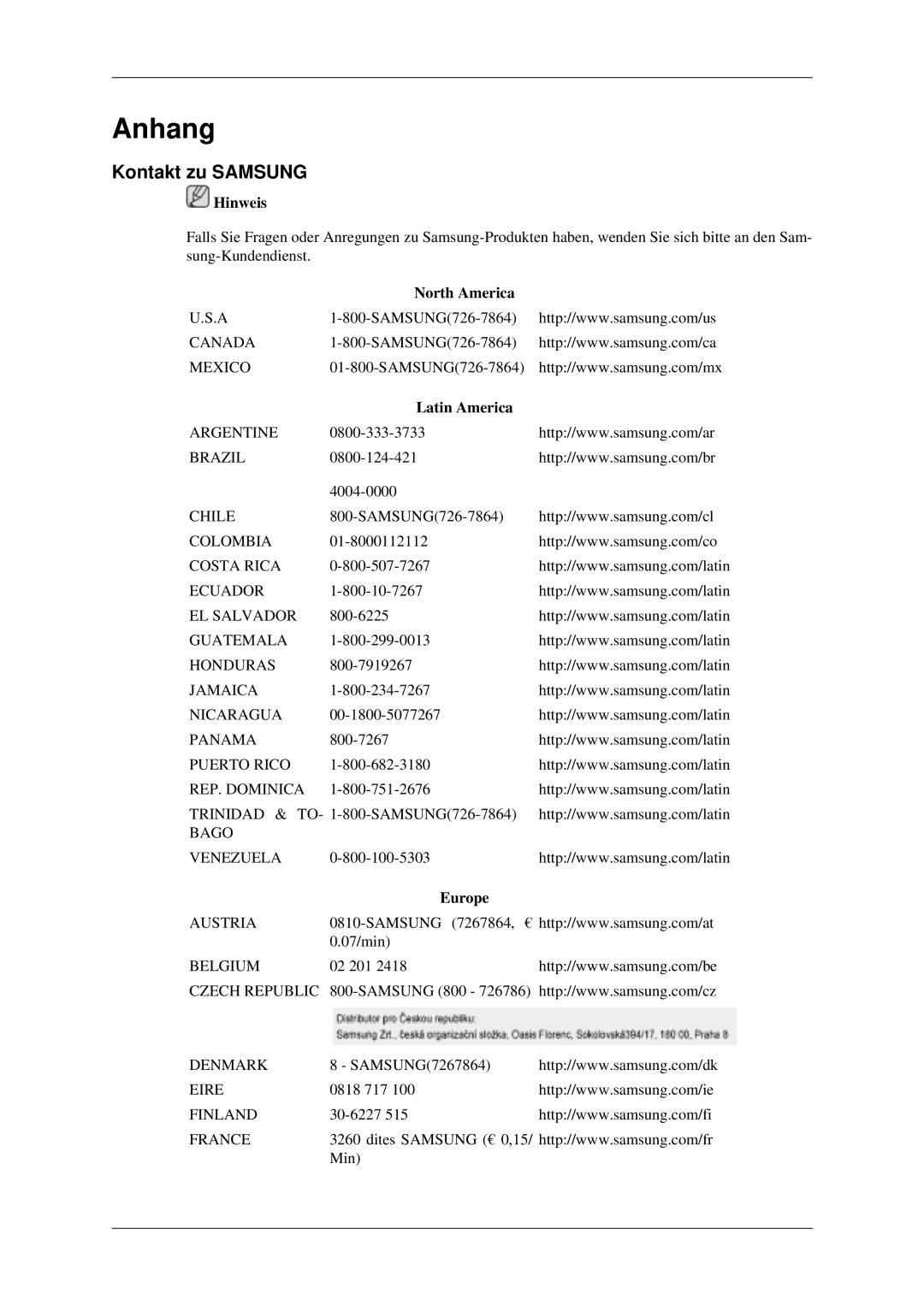 Samsung LH40MGPLGD/EN, LH46MGPLGD/EN manual Kontakt zu Samsung, North America, Latin America, Europe 