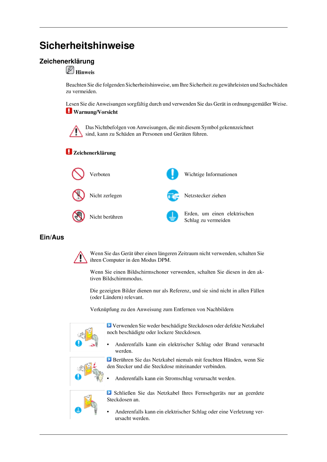 Samsung LH46MGPLGD/EN, LH40MGPLGD/EN manual Zeichenerklärung, Ein/Aus, Hinweis, Warnung/Vorsicht 