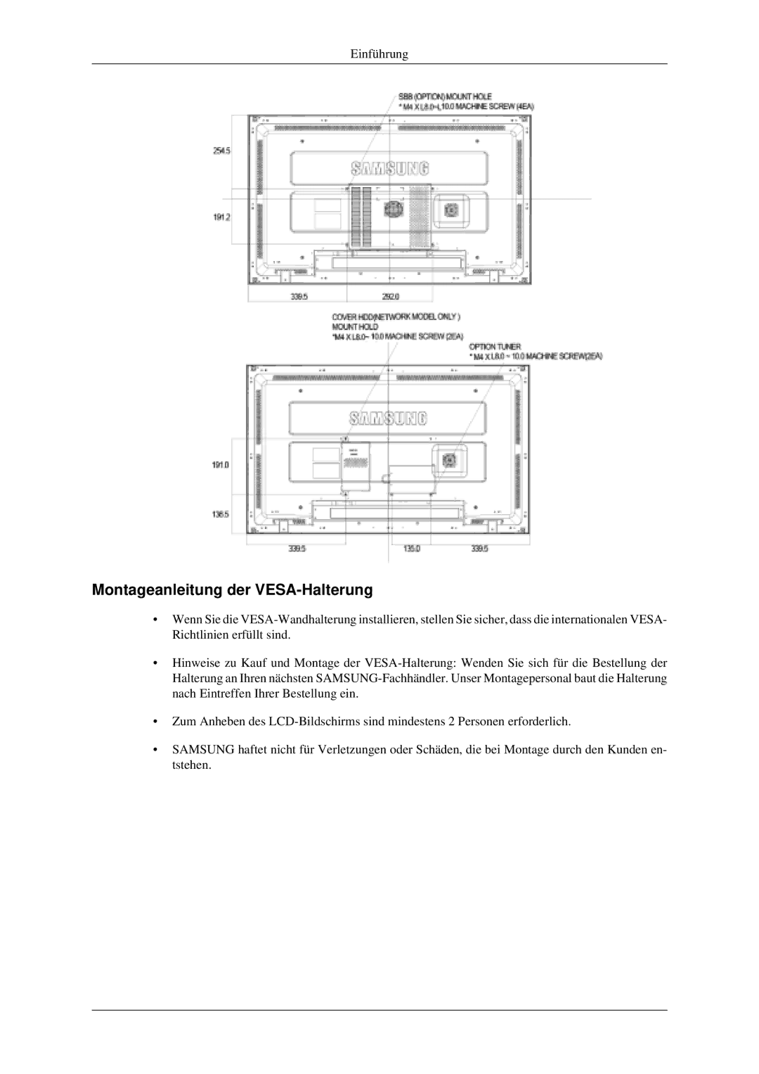 Samsung LH46MGPLGD/EN, LH40MGPLGD/EN manual Montageanleitung der VESA-Halterung 