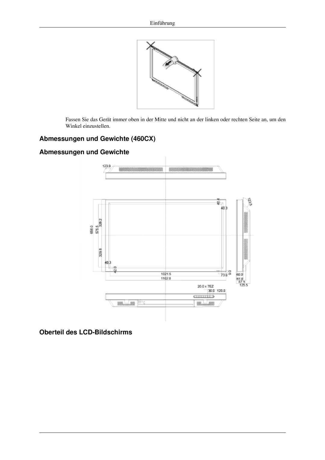 Samsung LH40MGPLGD/EN, LH46MGPLGD/EN manual Abmessungen und Gewichte 460CX Oberteil des LCD-Bildschirms 